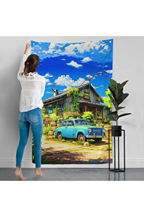 Şirin Ev Önündeki Mavi Araba Duvar Örtüsü-7688