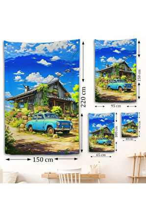 Şirin Ev Önündeki Mavi Araba Duvar Örtüsü-7688