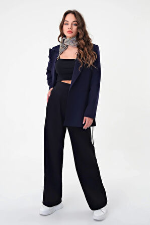 Kadın Lacivert Bel Bağlamalı Blazer Ceket