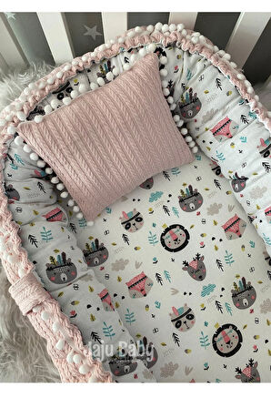 Nest Pudra Örgü Kumaş Ve Müslin Kumaş Ponponlu Jaju-babynest Anne Yanı Bebek Yatağı