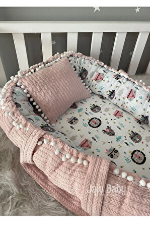 Nest Pudra Örgü Kumaş Ve Müslin Kumaş Ponponlu Jaju-babynest Anne Yanı Bebek Yatağı