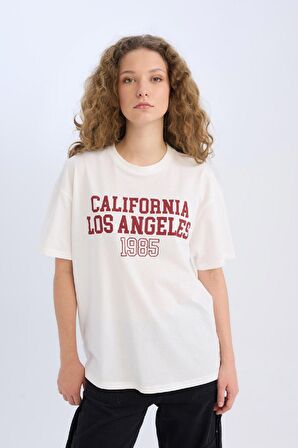 DeFacto Oversize Geniş Kalıp Bisiklet Yaka Baskılı Kısa Kollu Tişört D9608AX25SMWT32