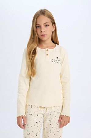 Kız Çocuk Regular Fit Fitilli Kaşkorse Baskılı Uzun Kollu Pijama Takımı
