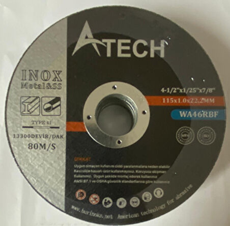 A TECH İNOX KESİCİ DİSK TAŞ 115X1.0X22.2mm 5 ADET