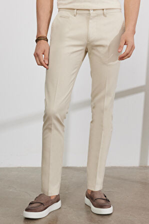 Erkek Ekru Slim Fit Dar Kesim Yan Cepli Pamuklu Esnek Armürlü Pantolon