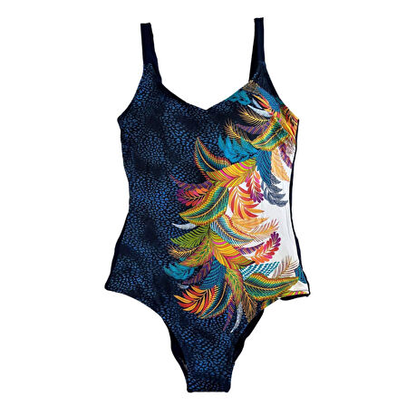 Kadın Lacivert Tropikal Yaprak Desen Yüzücü Mayo HZL25S-LC0046