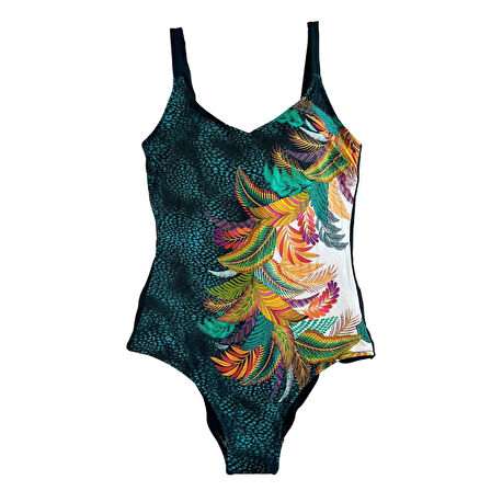 Kadın Yeşil Tropikal Yaprak Desen Yüzücü Mayo HZL25S-LC0046