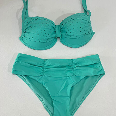 Kadın Turkuaz Taş İşlemeli Astarlı Büyük Beden Bikini Takımı HZL25S-LC01