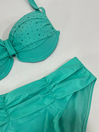 Kadın Turkuaz Taş İşlemeli Astarlı Büyük Beden Bikini Takımı HZL25S-LC01