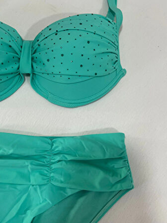 Kadın Turkuaz Taş İşlemeli Astarlı Büyük Beden Bikini Takımı HZL25S-LC01