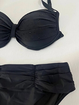 Kadın Siyah Taş İşlemeli Astarlı Büyük Beden Bikini Takımı HZL25S-LC01