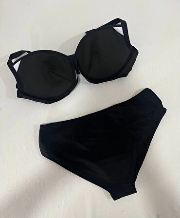 Kadın Siyah Taş İşlemeli Astarlı Büyük Beden Bikini Takımı HZL25S-LC01