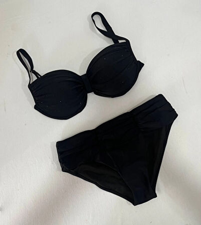 Kadın Siyah Taş İşlemeli Astarlı Büyük Beden Bikini Takımı HZL25S-LC01