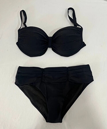 Kadın Siyah Taş İşlemeli Astarlı Büyük Beden Bikini Takımı HZL25S-LC01