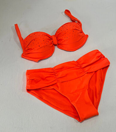 Kadın Turuncu Taş İşlemeli Astarlı Büyük Beden Bikini Takımı HZL25S-LC01