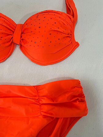Kadın Turuncu Taş İşlemeli Astarlı Büyük Beden Bikini Takımı HZL25S-LC01