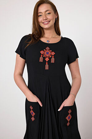 Kadın Siyah Nakış Detaylı Cepli Şalvar Elbise HZL25S-VM10361