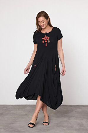 Kadın Siyah Nakış Detaylı Cepli Şalvar Elbise HZL25S-VM10361