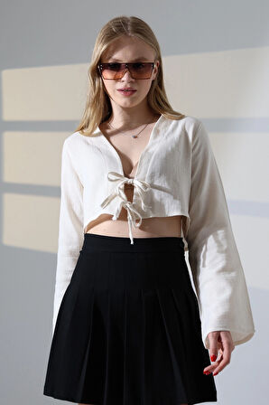 Kadın Krem Önden Bağlamalı Müslin Kumaş Crop Bluz HZL25S-DSB104071