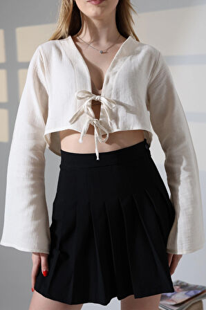 Kadın Krem Önden Bağlamalı Müslin Kumaş Crop Bluz HZL25S-DSB104071