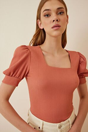 Kadın Gül Kurusu Kare Yaka Örme Bluz HZL22W-BD104091