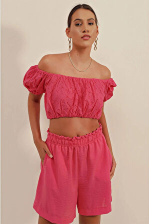 Kadın Koyu Pembe Carmen Yaka Bel Büzgülü Fistolu Straplez Bluz HZL23S-BD104811