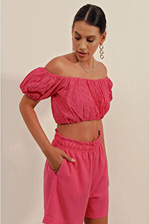 Kadın Koyu Pembe Carmen Yaka Bel Büzgülü Fistolu Straplez Bluz HZL23S-BD104811