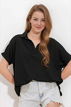 Kadın Siyah Polo Yaka Geniş Kesim Örme Bluz HZL24S-BD104861