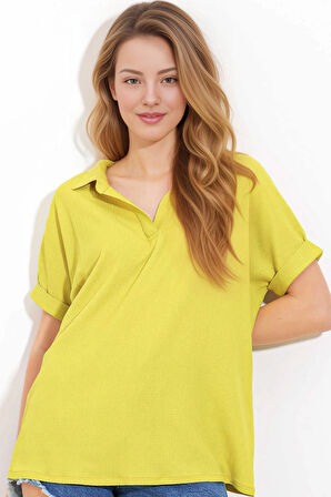 Kadın Fıstık Yeşil Polo Yaka Geniş Kesim Örme Bluz HZL24S-BD104861