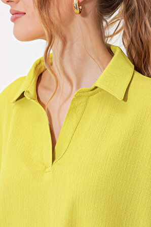 Kadın Fıstık Yeşil Polo Yaka Geniş Kesim Örme Bluz HZL24S-BD104861