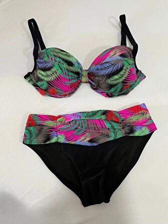 Kadın Siyah Çok Renk Desenli  Astarlı Büyük Beden Bikini Takımı HZL25S-LC06