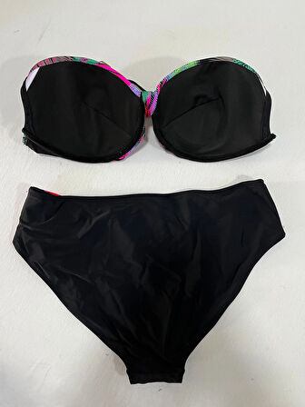 Kadın Siyah Çok Renk Desenli  Astarlı Büyük Beden Bikini Takımı HZL25S-LC06