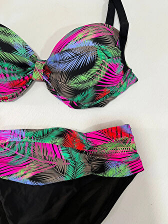 Kadın Siyah Çok Renk Desenli  Astarlı Büyük Beden Bikini Takımı HZL25S-LC06