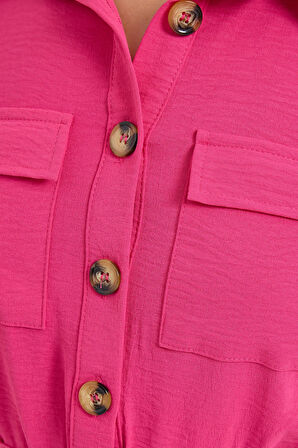 Kadın Fuşya Cepli Düğmeli Kısa Kollu Yazlık  Crop Gömlek Ceket HZL22S-BD106631