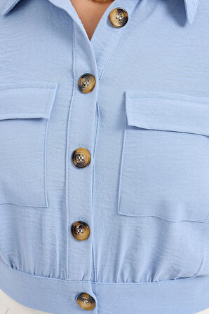 Kadın Buz Mavi Cepli Düğmeli Kısa Kollu Yazlık  Crop Gömlek Ceket HZL22S-BD106631