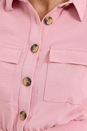 Kadın Gül Kurusu Cepli Düğmeli Kısa Kollu Yazlık  Crop Gömlek Ceket HZL22S-BD106631