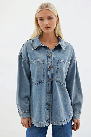 Kadın Mavi Çift Cepli Önden Düğmeli Jean Ceket HZL25S-BD106941