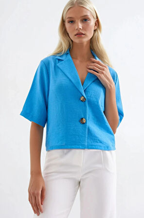 Kadın Yeni Mavi Kısa Kollu Şal Yaka Düğmeli Mevsimlik Keten Ayrobin Ceket HZL24S-BD107061