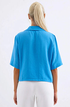 Kadın Yeni Mavi Kısa Kollu Şal Yaka Düğmeli Mevsimlik Keten Ayrobin Ceket HZL24S-BD107061