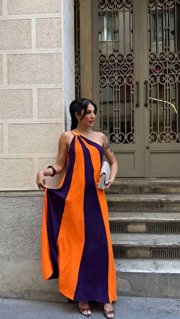 Kadın Turuncu Mor Parça Bloklu Omuz Detay Elbise HZL25S-DSB107651