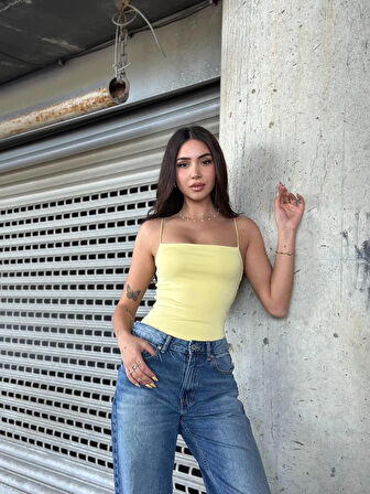 Kadın Sarı İp Askılı Örme Body Bluz HZL24S-ZK11001