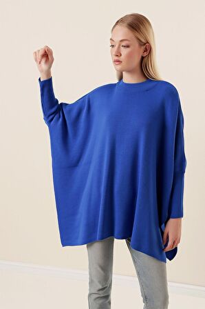 Kadın Saks Oversize Yırtmaçlı Panço Triko Kazak  HZL23W-BD1100761