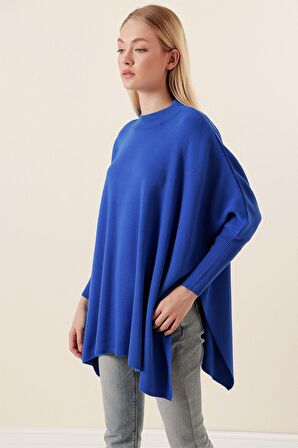 Kadın Saks Oversize Yırtmaçlı Panço Triko Kazak  HZL23W-BD1100761