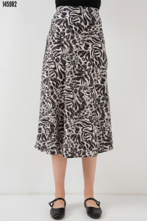 Kadın Açık Bej Zebra Desenli Saten Yüzeyli Beli Lastikli Midi Boy Etek Hzl23S-BD1101471