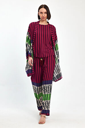Kadın Mürdüm Çizgili Atlet Kimono Ve Pantolon Dokuma Viscon Alt Üst Takım HZL25S-VM110421