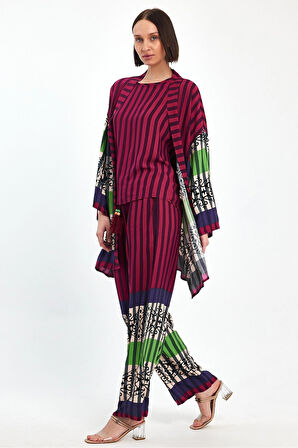 Kadın Mürdüm Çizgili Atlet Kimono Ve Pantolon Dokuma Viscon Alt Üst Takım HZL25S-VM110421