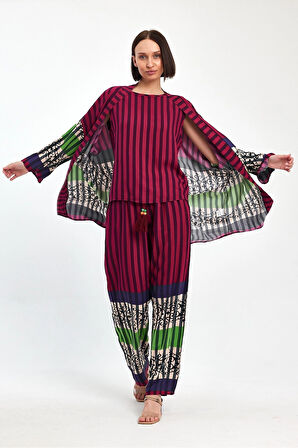 Kadın Mürdüm Çizgili Atlet Kimono Ve Pantolon Dokuma Viscon Alt Üst Takım HZL25S-VM110421