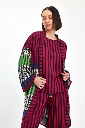 Kadın Mürdüm Çizgili Atlet Kimono Ve Pantolon Dokuma Viscon Alt Üst Takım HZL25S-VM110421