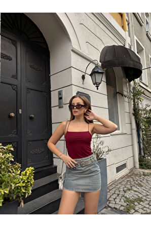 Kadın Bordo İp Askılı Örme Body Bluz HZL24S-ZK11001