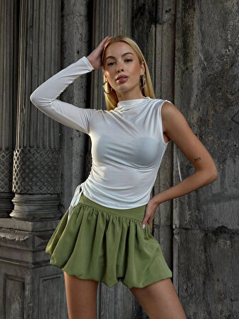 Kadın Beyaz Tek Kol Yanları Büzgülü Sandy Kumaş Bluz HZL25W-ZK11501